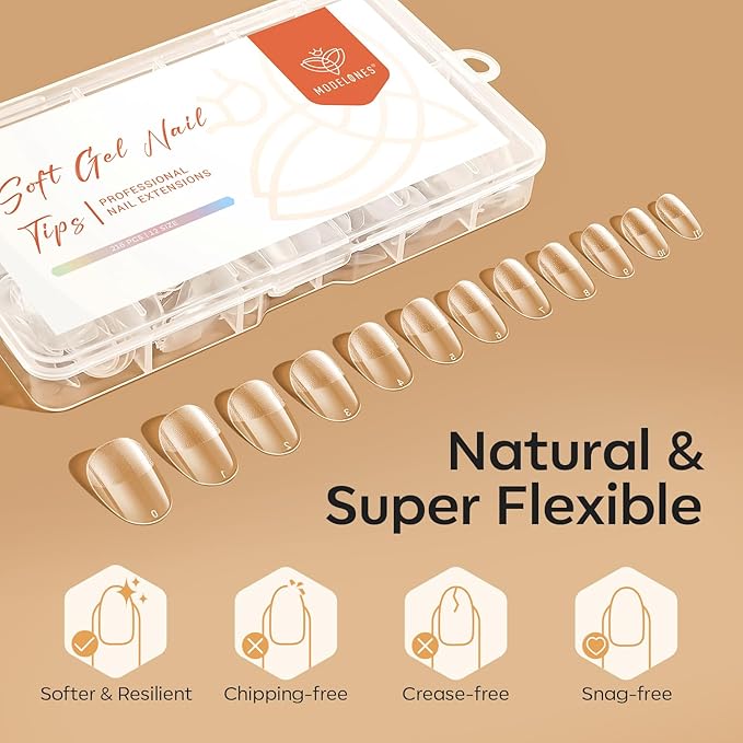 modelones Short Oval Nail Tips, Pre-shaped Soft Gel Tips Fake Nails False Acrylic Clear Full Cover Press on Extension Kit Gel Manicure DIY at Home 216PCS 12Sizes