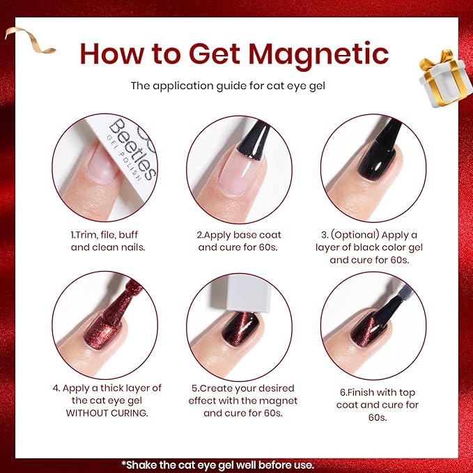 Beetles Cat Eye Gel Nail Polish Set, 6 Colors Christmas Gel Polish Kit Glitter Red Pink Shiny Brown Burgundy Purple Blue Green Magnetic Effect Sparkle Stunning Soak Off UV Manicure Gifts for Women