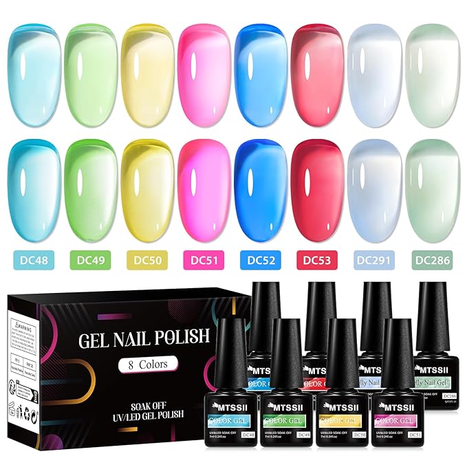 MTSSII Neon Jelly Gel Nail Polish Set 8 Pcs Clear Crytal Glass Gel Polish Yellow Blue Green Red Pink Transparent Sheer Nail Art Varnish Manicure LED UV Curing Required Iridescent Colors