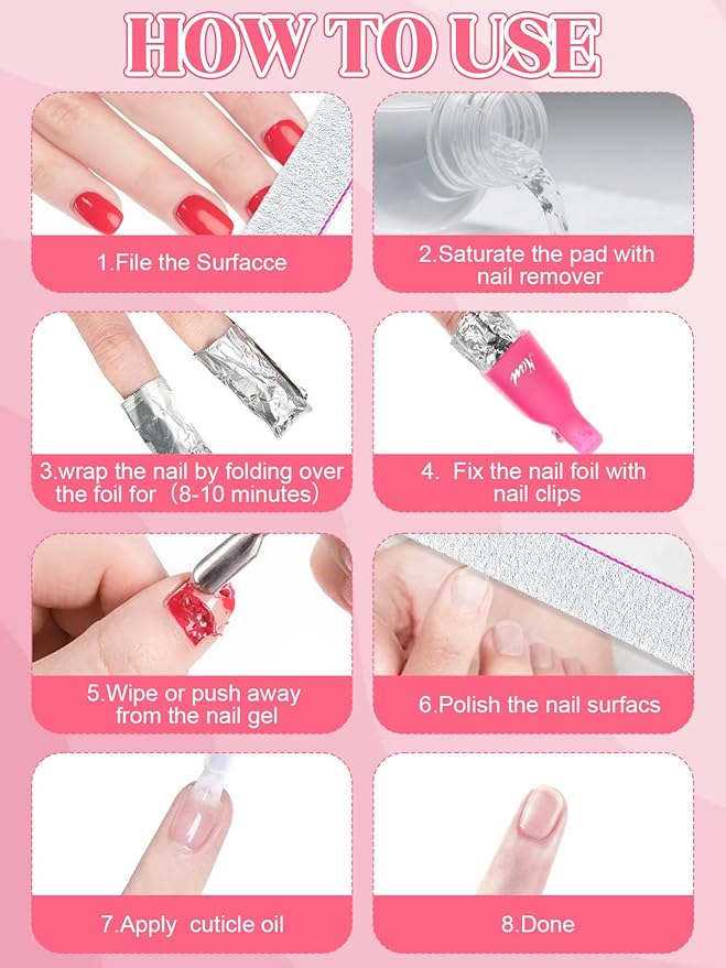 EBANKU Nail Polish Remover Kit, 120ML Gel Remover with Cuticle Oil 10 pcs Nail Clips, 50pcs Nail Foil and Tools Quick Removal for Nails Polish Acrylic Dip Powder