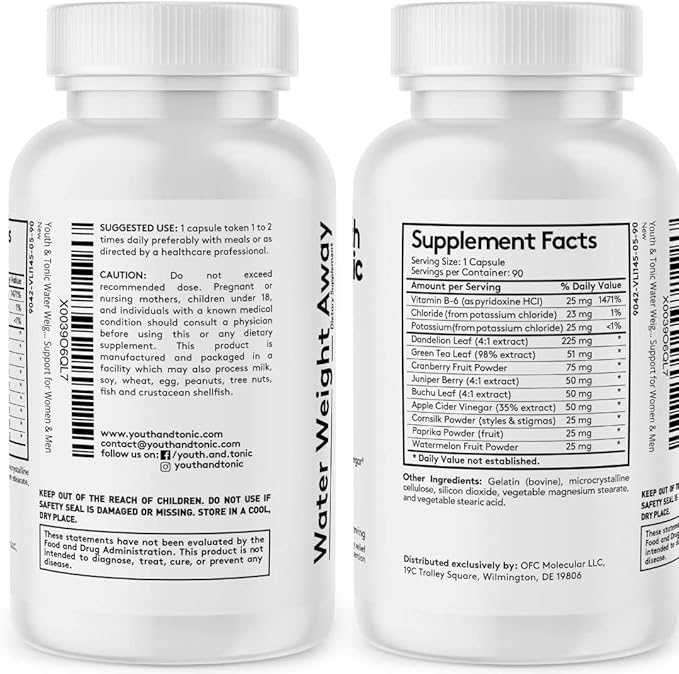 Youth & Tonic Water Weight Away – Natural Diuretic for Swelling, Belly Bloating & Fluid Retention – Herbal Water Pills for Women & Men, 90 Capsules