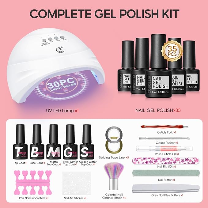 COSCELIA 52pcs Gel Nail Polish Kit with U V light 35 Colors Fall Gel Polish Set Cream Color Collection 5PC Top Base Coat Nail Art Manicure Kit for Beginners with Everything Gifts for Women
