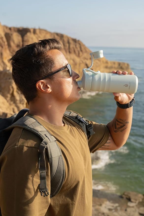 IDEUS Insulated Stainless Steel Water Bottle with 2 Leak-Proof Lids, Thermal Water Flask for Hiking Biking, 24oz, Light Blue
