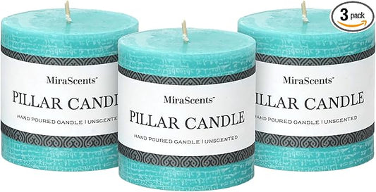 3x3 Inch Turquoise Pillar Candles Set of 3 - Unscented Candles, Long Clean Burning, Large Big Candles, Smokeless Dripless Pillar Candles for Dinner Table, Wedding, Home, Bathroom, Rustic Decor