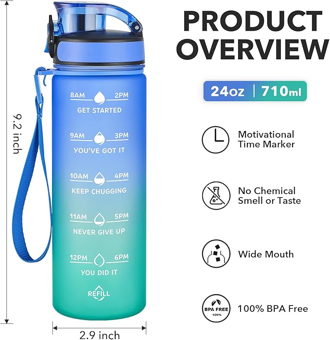 Enerbone Water Bottle, Leakproof BPA & Toxic Free, Motivational Water Bottle with Times to Drink and Straw, Fitness Sports Water Bottle with Strap for Office, Gym, Outdoor Sports