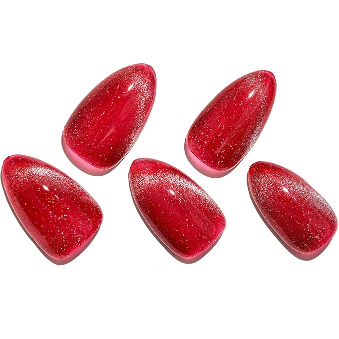 GLAMERMAID French Tip Magnet Cat Eyes Press on Nails Short Almond, Red Handmade Jelly Gel Fake Nail Kit, Rouge Magnetic Glue on Nail Stiletto, Scarlet Medium Oval Stick on False Nail Set for Women