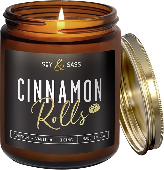 Cinnamon Candle, Fall Candles, Christmas Candles - 'Cinnamon Rolls' Autumn Scented Soy Candle for Home, 9oz Reusable Jar, 50Hr Burn, Made in USA