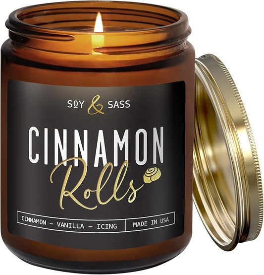 Cinnamon Candle, Fall Candles, Christmas Candles - 'Cinnamon Rolls' Autumn Scented Soy Candle for Home, 9oz Reusable Jar, 50Hr Burn, Made in USA