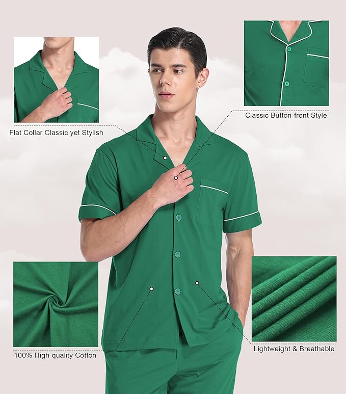 COLORFULLEAF Men's 100% Cotton Pajamas Set Button Down Sleepwear Short Sleeve and Long Pants Pjs