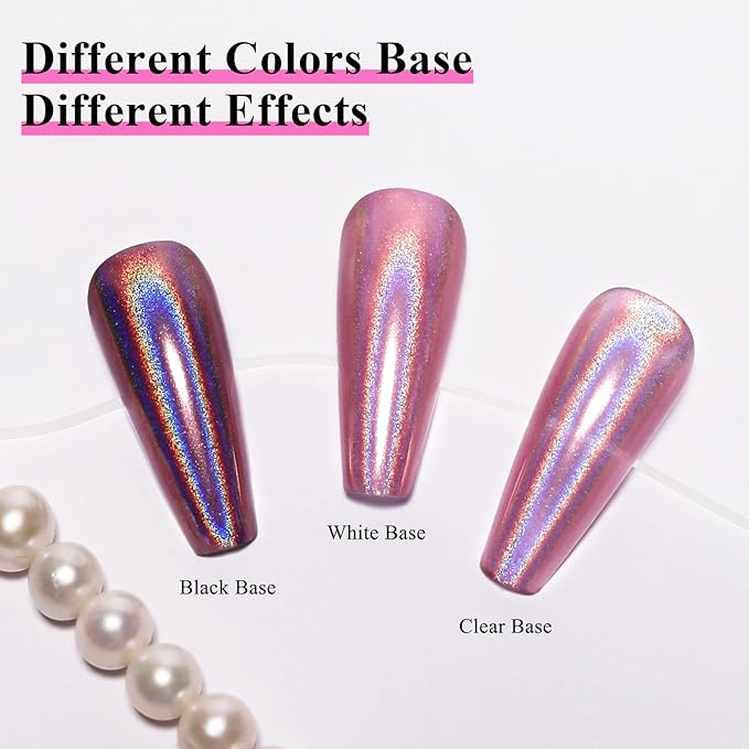 Imtiti Holographic Rose Gold Chrome Nail Powder Kit,1g Holo Iridescent Pink Meatllic Mirror Effect Powder with 10ml White Color Gel Polish Metal Nail UV DIY Kit