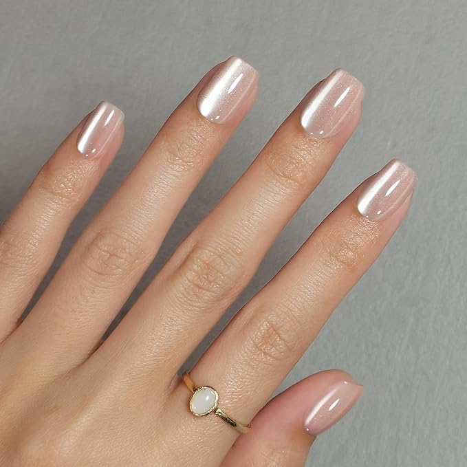 Cat Eye Nude Press on Nails Square - Soft Gel Press on Nails Short for Women Gift, Fit Perfectly & Natural Stick on Nails with Glue in 16 Sizes - 32 Reusable Fake Nails, Light Nude