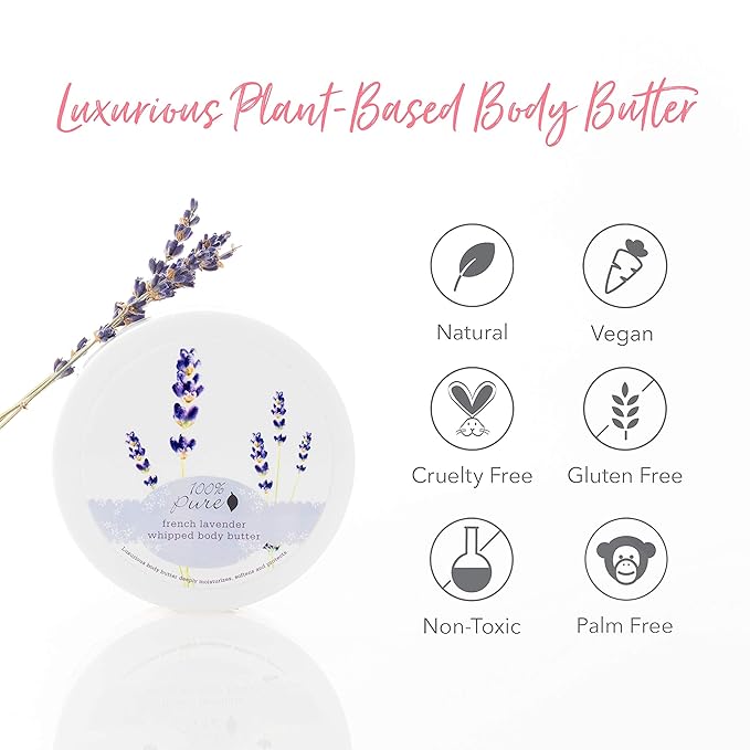 100% PURE French Lavender Whipped Body Butter, Body Lotion for Dry Skin, Made with Shea Butter, Cocoa Butter, Moisturizing Body Cream, Natural Lotion - 3.4 oz