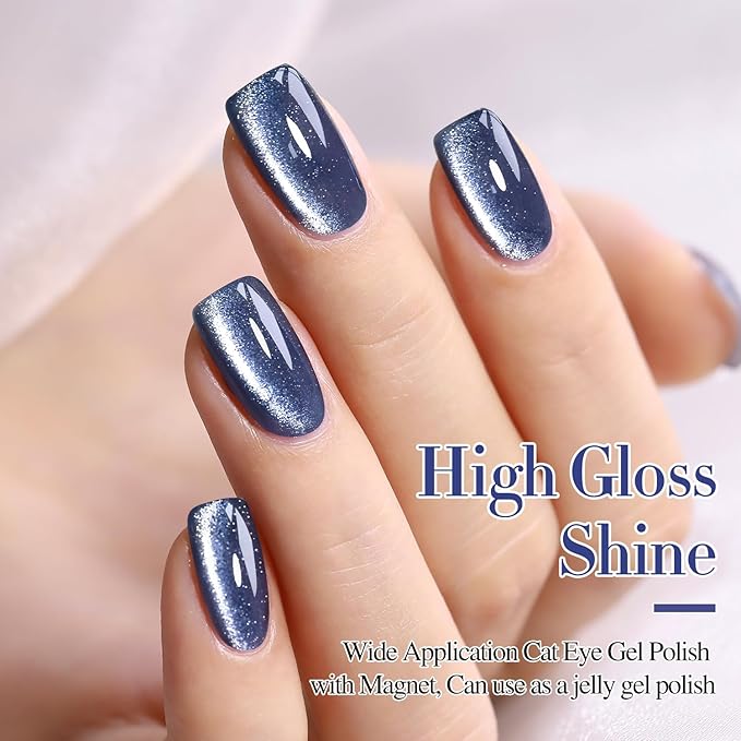 Double Rhythm 0.5 OZ Cat Eye Gel Polish with Magnet 15ML Holographic Glitter Shimmer Translucent Jelly Color Magnetic Polish Salon DIY at Home (Dark Blue-MC1044)