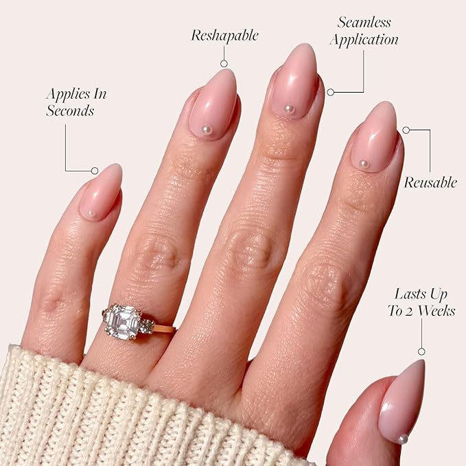 Glamnetic Press On Nails - Wifey | Short Almond Fake Nails, Nude with 3D Nail Art and Glossy Finish, Salon Quality | 15 Sizes - 30 Nail Kit with Glue