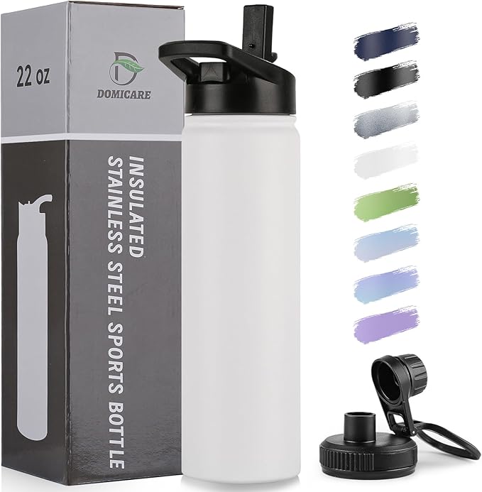 DOMICARE Insulated Water Bottle, 22 oz Vacuum Insulated Stainless Steel Reusable Sports Bottle with Straw Lid & Spout Lid for Travel, Camping, Bike, Leakproof, White, 1 Pack