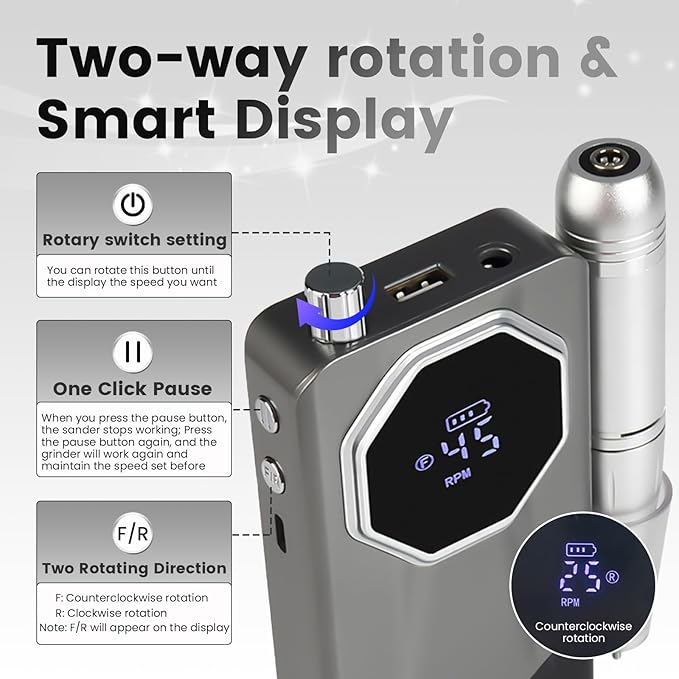 45000RPM Professional Cordless Portable Nail Drill Cordless Low Noise Nail Filer Electric Machine with Efile Bits & Base for Acrylic Nails, Nail Buffer Machine for Salon Home (Grey)