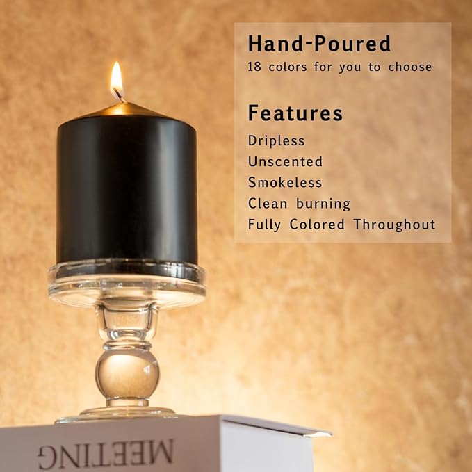 MOZEAL 3" x 8" Hand-Poured Unscented Candles,Large Black Pillar Candles Set of 2,No Drip,Approx 120 Hours Long Burning,Wedding,Dinner,Halloween and Home Decor（3 Inch Diameter 8 Inch Height）