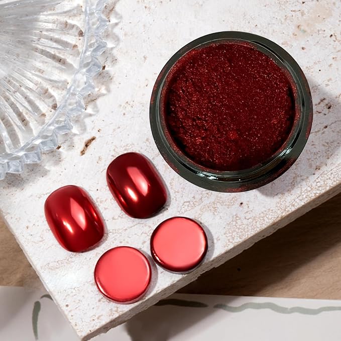 Holographic Mirror Nail Powders Chrome Gold Effect Pure Metallic Dust Sequins UV Gel Nail Chrome Pigment for Nail Art Decoration (Red)