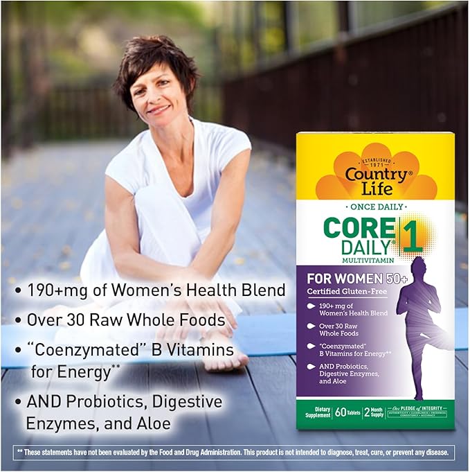 Country Life CORE Daily-1 for Women 50+ Multivitamin - Formulated for Women Over 50, Complete Daily Nutrition with Women's Health Blend, Coenzymated B Vitamins, Probiotics, and Digestive Enzymes