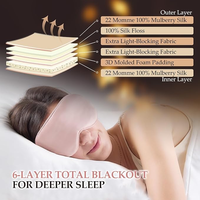 100% Mulberry Silk Sleep Mask for Unisex, 22 Momme 3D Silk Contoured Eye Mask, Breathable Light Blocking Blindfold with Adjustable Strap, Blackout Eye Cover for Travel, Pink