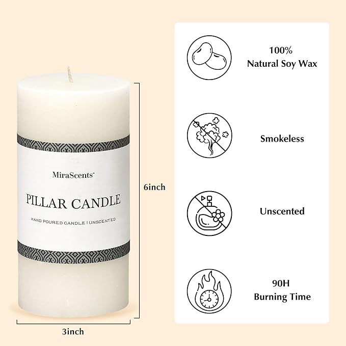 3x6 Inch White Pillar Candles - Set of 3, Hand-Poured Unscented, Long Burning, Smokeless Dripless for Dinner Table, Wedding, Home, Bathroom, Rustic Decor