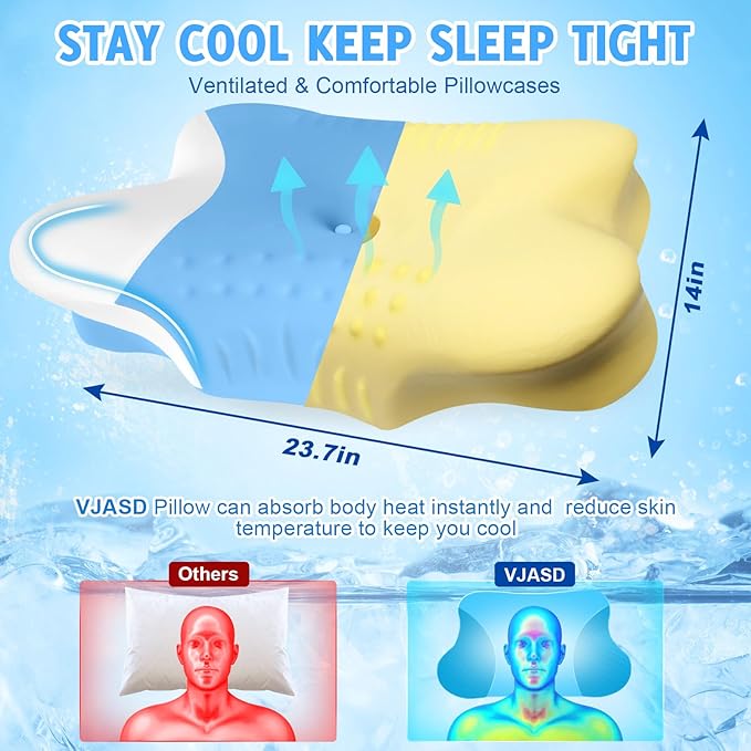 Cervical Neck Pillows with Memory Foam - Ergonomic Neck Support Pillows for Pain Relief Contour Memory Foam - Adjustable Orthopedic Bed Pillows with Cooling Breathable Pillowcase for Sleeping - Blue