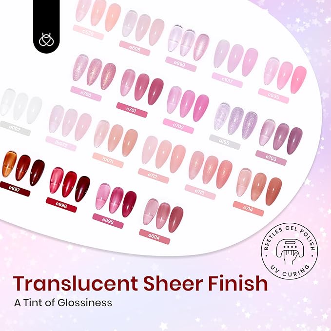Beetles Jelly Gel Nail Polish Set, 25PCS 20 Colors Sheer Neutral Nude Pink Glitter Milky White Gel Nail Kit Soak Off UV with Base Glossy Matte Top Coat Pearls Rhinestones Nail Charms Gift for Women