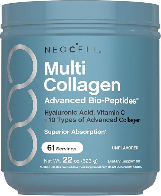 NeoCell Multi Collagen Bio-Peptides Powder | 22oz | Advanced with Hyaluronic Acid and Vitamin C | 10 Super Types of Collagen | Superior Absorption | Grassfed Protein Supplement |