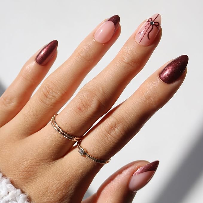 Glamnetic Press On Nails - She's A Gift | Short Almond Fake Nails in Burgundy Chrome with French Tips and Ribbon Designs with 3D Gems, Salon Quality Holiday Nails | 15 Sizes - 30 Nail Kit with Glue