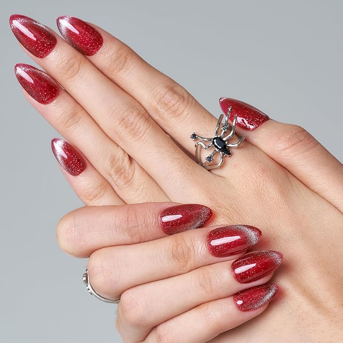 GLAMERMAID French Tip Magnet Cat Eyes Press on Nails Short Almond, Red Handmade Jelly Gel Fake Nail Kit, Rouge Magnetic Glue on Nail Stiletto, Scarlet Medium Oval Stick on False Nail Set for Women