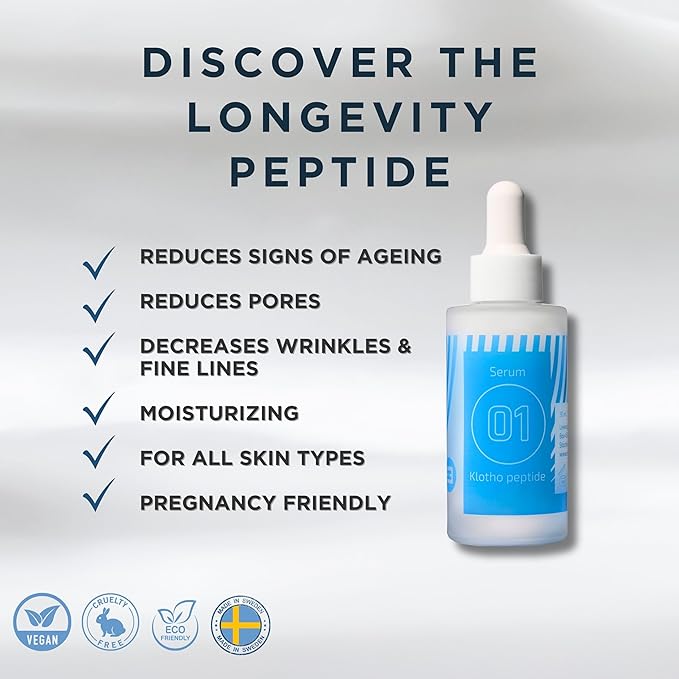 EiE 01 Klotho Peptides Serum for Face Hydrating Peptide Face Serum for Women Anti Aging Improves Wrinkles Elasticity Facial Peptide Serums with Hyaluronic Acid and Retinol Made in Sweden 1oz