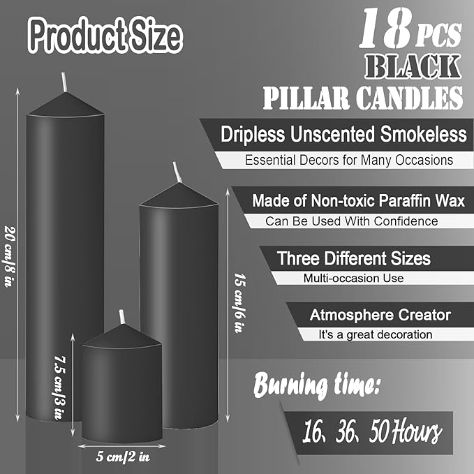18 Pcs Black Pillar Candles Bulk Set，Hurricane Candles，3 Different Lengths (6 Each)，Dripless Unscented Smokeless，Gives You a Better Atmosphere When Organizing Wedding or Event Party.