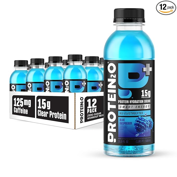 Protein2o 15g Whey Protein Isolate Hydration Drink Plus Energy & Focus, 350mg of Electrolytes, 125mg of Caffeine, Sugar Free, Blue Raspberry, 16.9 oz Bottle (Pack of 12)
