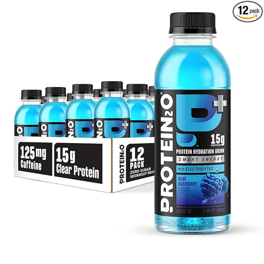 Protein2o 15g Whey Protein Isolate Hydration Drink Plus Energy & Focus, 350mg of Electrolytes, 125mg of Caffeine, Sugar Free, Blue Raspberry, 16.9 oz Bottle (Pack of 12)