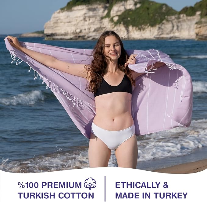 Turkish Beach Towels, Pack of 4 | Oversized, Quick Dry, Sand Free | 100% Cotton, Large 38x71 Towels for Beach, Pool, Travel | Ultra-Soft, Compact, and Absorbent | Lilac