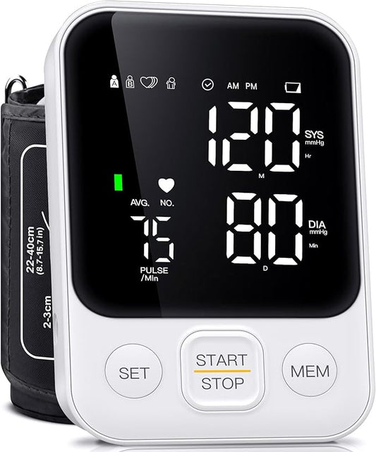 Blood Pressure Monitor Upper Arm Monitors for Home Use BP Machine with 2x120 Reading Memory Adjustable Arm Cuff 8.7"-15.7" Large Display with LED Background Light Storage Bag White
