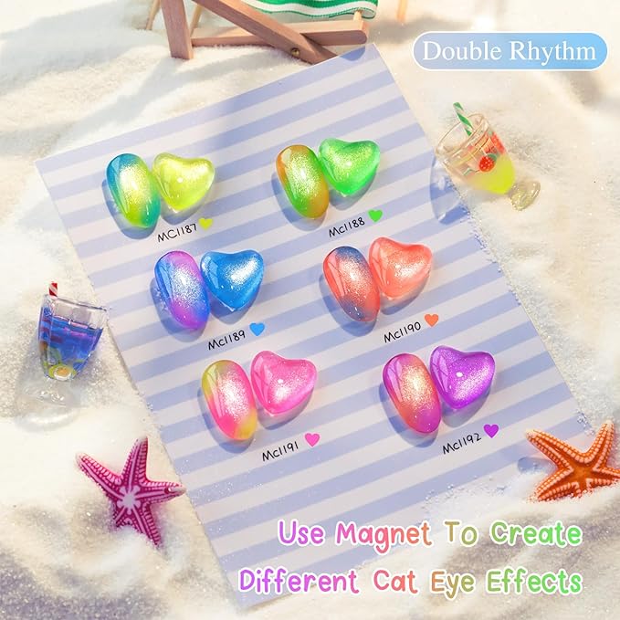 Double Rhythm 6 Colors Cat Eye Gel Polish Set Shimmer Glitter with Magnet Holographic Reflective Magnetic UV Nail Art Kit (6-Kit-53)