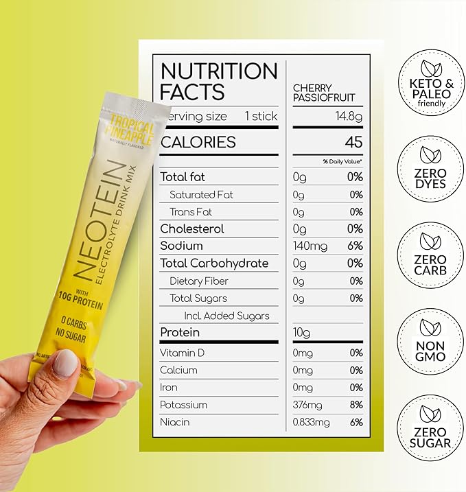 NEOTEIN: Electrolyte Powder Packets with 10g Protein & Collagen - Hydration Packets - Zero Sugar, NO Fillers, NO Carbs | Tropical Pineapple | 40 Calories | Keto & Paleo | Pack of 15