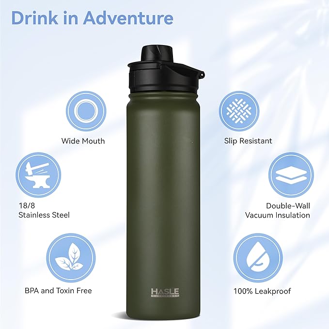 HASLE OUTFITTERS Insulated Water Bottle 22 oz Double Wall Stainless Steel Water Bottle Wide Mouth with Straw Lid & Spout Lid Keeps Cold or Hot(Army Green,8)