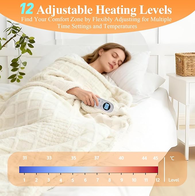 Heated Blanket Electric Throw, 50"X60" Heating Blanket with 12 Heat Levels, Fast Heating Blanket with 1-12 Timer Settings, Overheat Protection with ETL & FCC for Bed Home Office Sofa (Milky White)