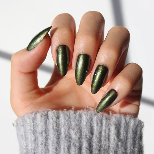 Glamnetic Press On Nails - Cutie Pine | Medium Almond Fake Nails in Deep Evergreen with a Pearl Chrome Finish, Salon Quality Holiday Winter Nails | 15 Sizes - 30 Nail Kit with Glue