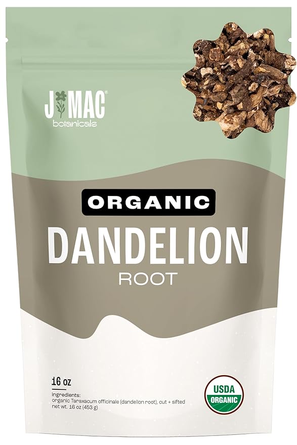 J Mac Botanicals Organic Dandelion Root (16 oz) unroasted, herb for tea and other infusions, Packaged in the USA, Certified USDA Organic