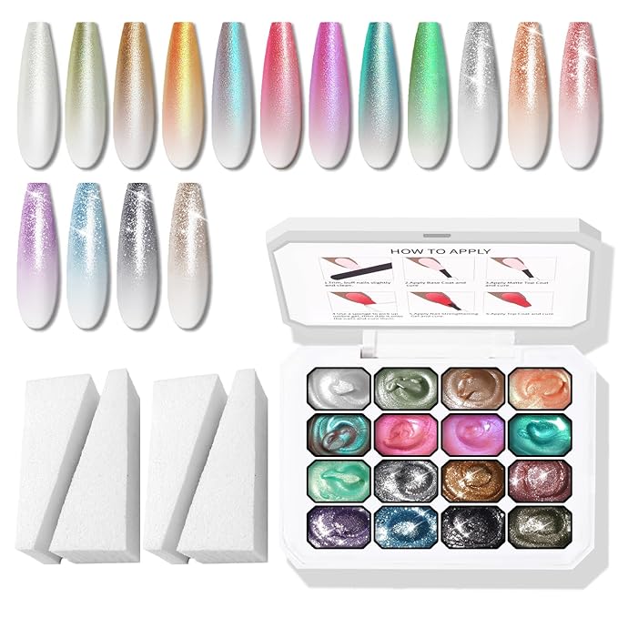Glitter Pat Gel Nail Polish Palette, 16 Colors Blending Ombre Gel Polish Patting Gradient Painting Nails Art, No Wipe, UV/LED Cured, Aurora Mermaid Chrome Holographic (16 Colors E)