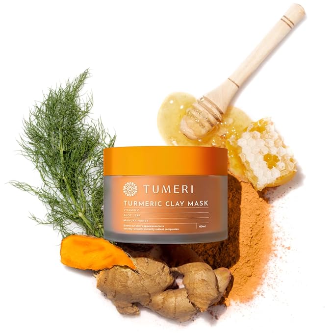 TUMERI Turmeric Vitamin C Clay Mask for Dark Spots – Turmeric Clay Face Mask Skin Care, Deep Cleansing Pores - Improves Uneven Tone, Post-Blemish, Visibly Brighten – 2 oz with Mask Brush Applicator
