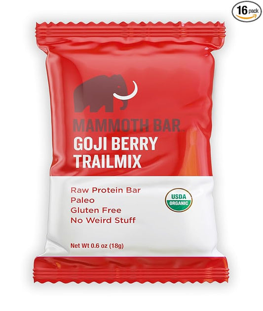 Mammoth Bar Goji Berry Trail Mix Mini Bar - Mini Organic Snack Bar Packed with 4g Protein. Made with Goji Berries, Almonds, Pistachios, Sunflower Seeds & Egg White Protein. Paleo • Gluten Free • Raw - 16 Mini Bars