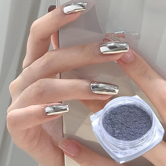 Holographic Mirror Nail Powders Chrome Silver Effect Pure Metallic Dust Sequins UV Gel Nail Chrome Pigment for Nail Art Decoration,Silver Chrome Nail Powder