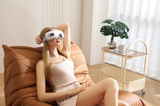 Eye Massager with Airbag Kneading,Constant Temperature Hot Compress, Multi-Frequency Vibration and Bluetooth Music (Pearl White, Large)
