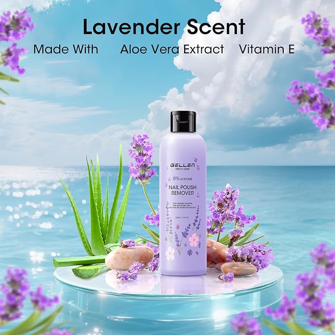 Gellen Nail Polish Remover Set Lavender Scent – Formula with Aloe & Vitamin E, Includes Precision Corrector Pen & 3 Replacement Tips, Acetone-Free & Non-Drying for Regular Nail Polishes