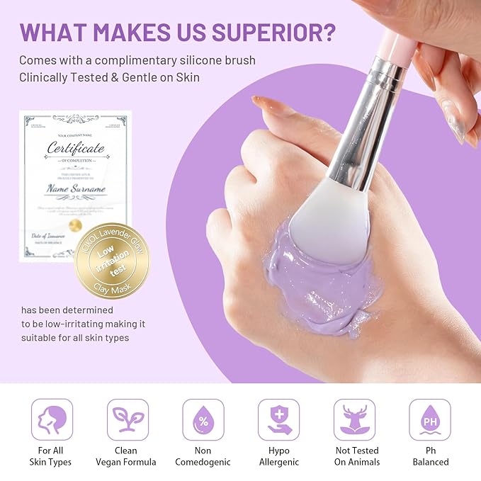 Large Lavender Glow Clay Mask for Face - Mud Mask with BHA & HA for Gentle Exfoliate - Plumping & Pore Minimizing - Sagging-Firming Skin Care Gifts for Women Men with Brush, Purple, 5.3 oz