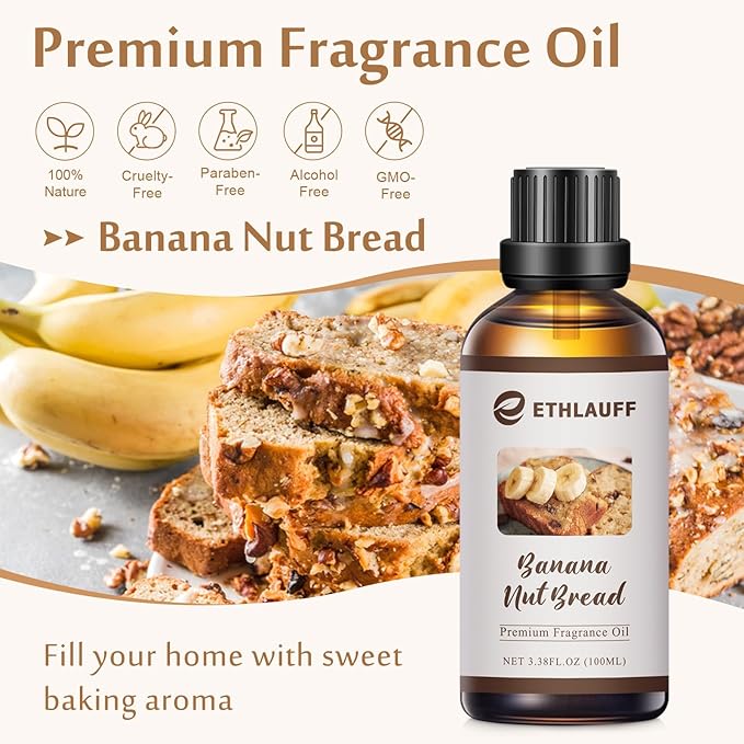 Banana Nut Bread Fragrance Oil, 100ml Bakery Essential Oil for Diffusers for Home,Candle Scented Oils for Soap Making, Bath Bombs, Massage -3.38FL.OZ